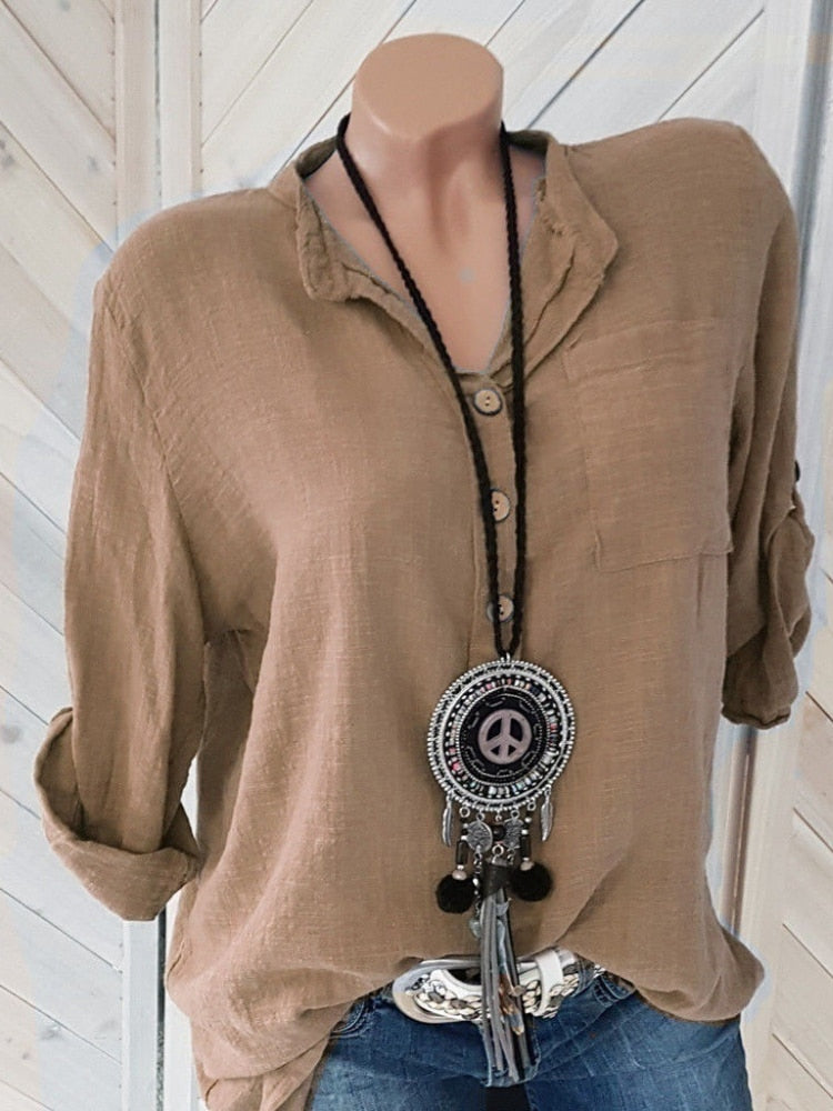 Sixsr Oversized Women Blouses Cotton Linen Blouse Autumn Shirts Casual Long Sleeve Button V Neck Loose Shirt Lady Tops Plus Size S-5XL