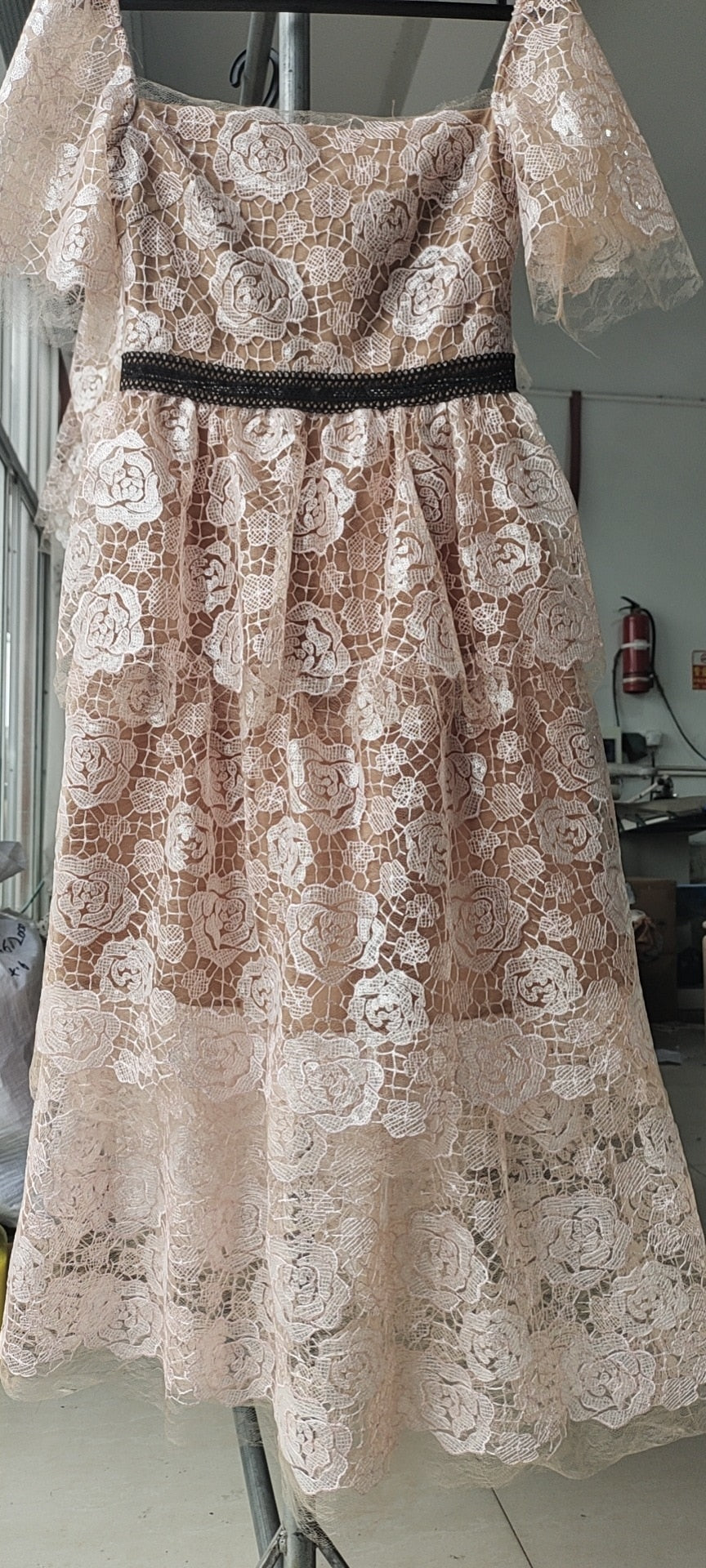 Summer Pink Women Lace Gauze Dress Mesh Tulle V Neck Bow Tie Rose Embroidery Midi Long Sequin Dress Evening Robe Quality