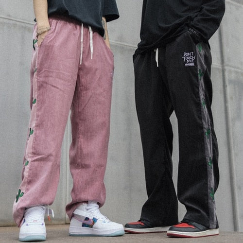 Sixsr American Sweatpants Men and Women Side Stripe Plant Embroidery Joggers Trousers Pants Elastic Waist Straight Baggy Streetwear