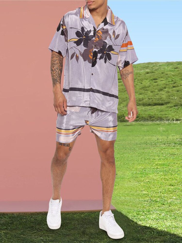 2024 Summer Fashion Men Clothing Beach Outfits Vintage Floral Printed Two Piece Sets Mens Short Sleeve Shirts And Shorts Suits