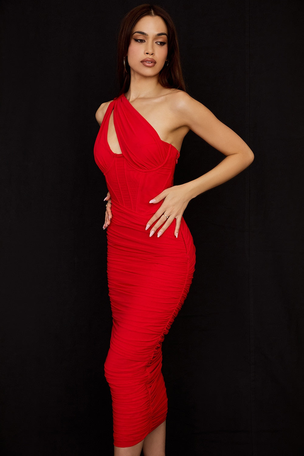 Summer Midi Mesh Dress Bodycon One Shoulder Draped Dress Women Night Party Dress Elegant Vestidos Stretchy High Quality