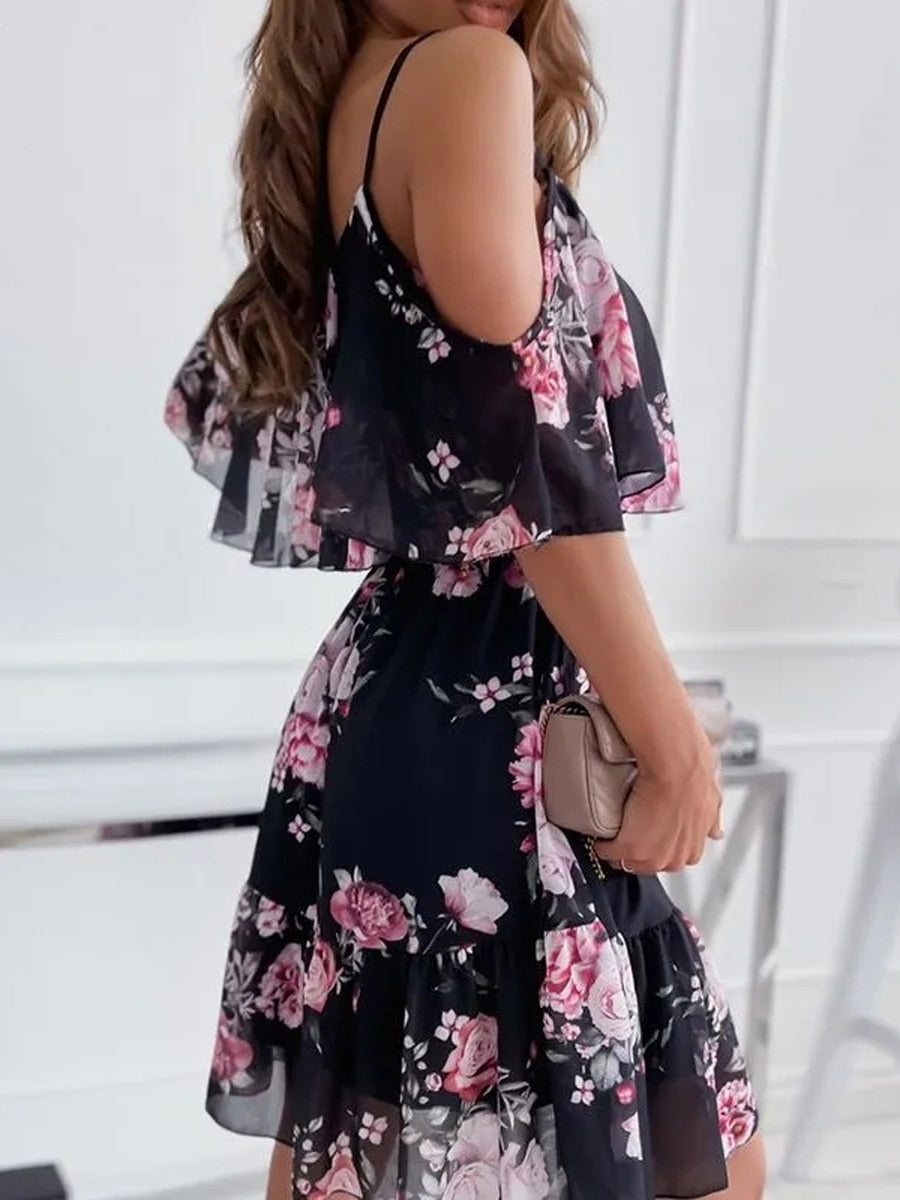 Sixsr New Fashion Sexy Spaghetti Strap Woman Dress Summer Floral Print Off Shoulder Sundress Elegant Chiffon A-Line Beach Boho Dresses Vestidos