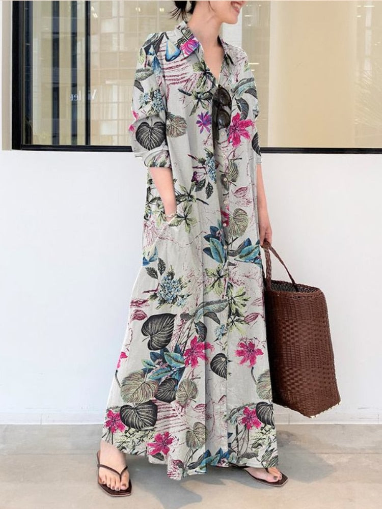 Summer New Dress Fashion Cotton Linen Striped Cardigan Loose Large Casual Temperament Commuter Irregular Women's Long Dress tops