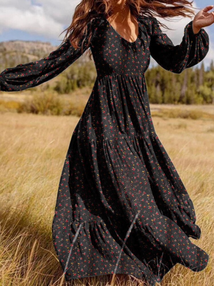 V Neck Long Sleeve Patchwork Solid Color Dress