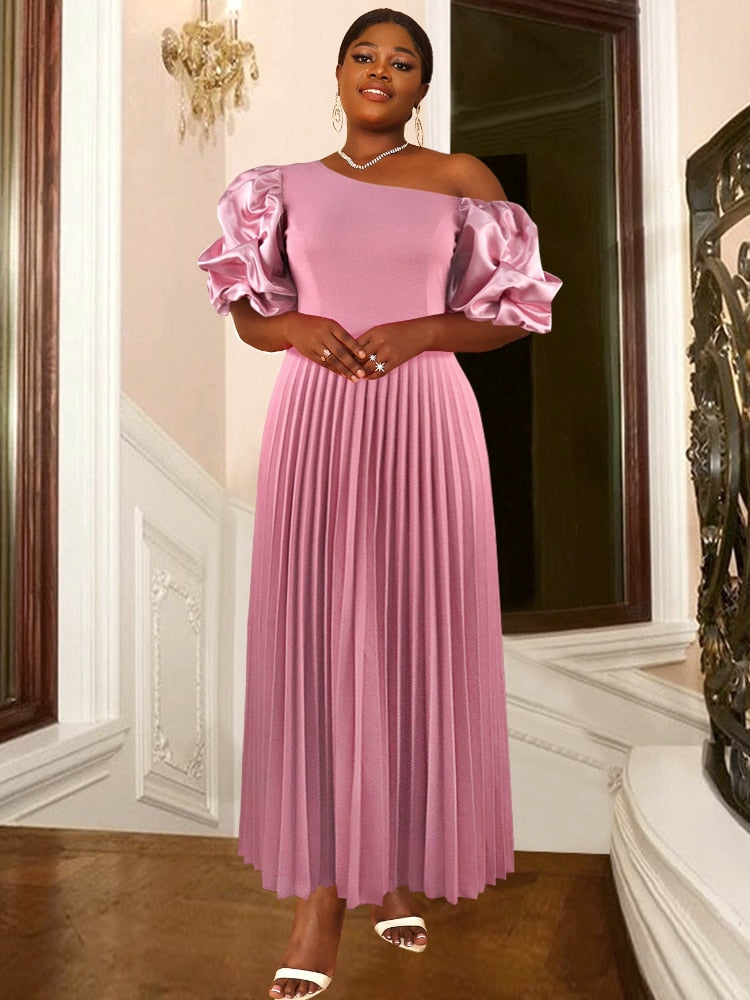 Long Party Dress for Women Classy Pink Cold Shoulder Ruched Sleeve Pleated A Line Flowy Maxi Evening Gowns for Brides Occaions