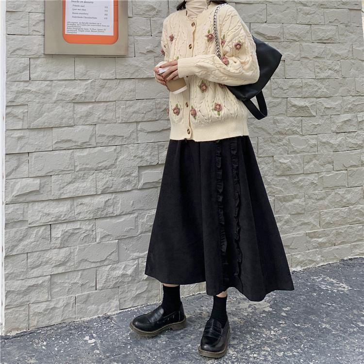 Spring/Autumn Women Skirts High Waist Student Korean Style Dark Vintage Ruffle Long A-line Skirts Women Fashion