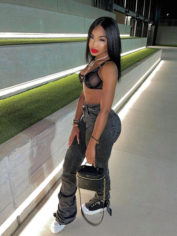 sixsr Grey Split Denim Stacked Pants Zip Up Baddie Style Streetwear Pencil Jeans For Women High Waist Bodycon Ruched Trousers