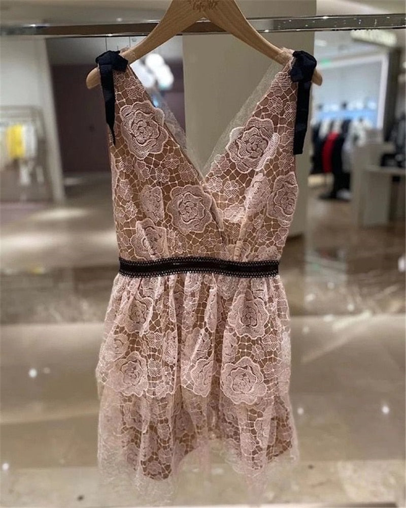 Summer Pink Women Lace Gauze Dress Mesh Tulle V Neck Bow Tie Rose Embroidery Midi Long Sequin Dress Evening Robe Quality
