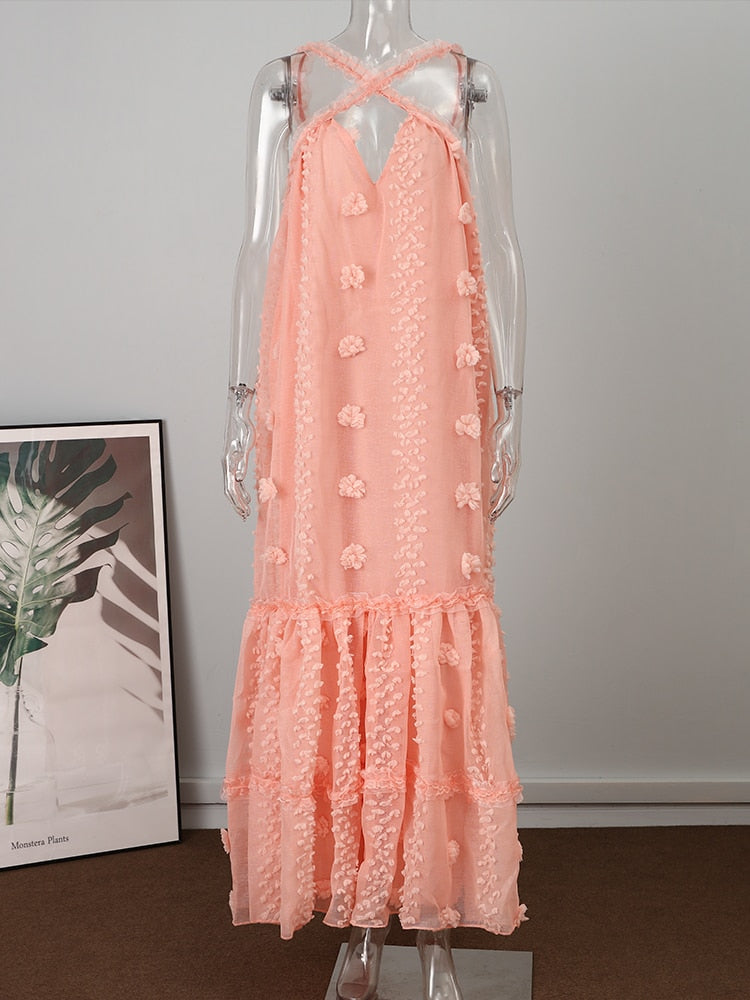 Sixsr Sleeveless Halter Maxi Summer Dress For Women Fashion Ruffle Beach Long Robe Elegant Slip Holiday Hollow Out Sundress