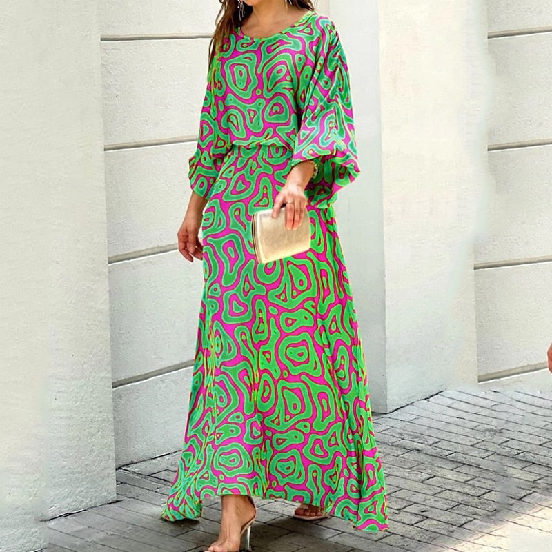 Women Two Piece Set Crew Neck Print Long Lantern Sleeve Top Elegant Dress High Streetwear Casual Beach Suit