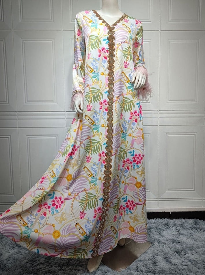 Muslim Woman Dress Moroccan Jalabiya Dubai Rhinestones Beaded V Neck Long Sleeve Feather Patchwork Print Gulf Abayas