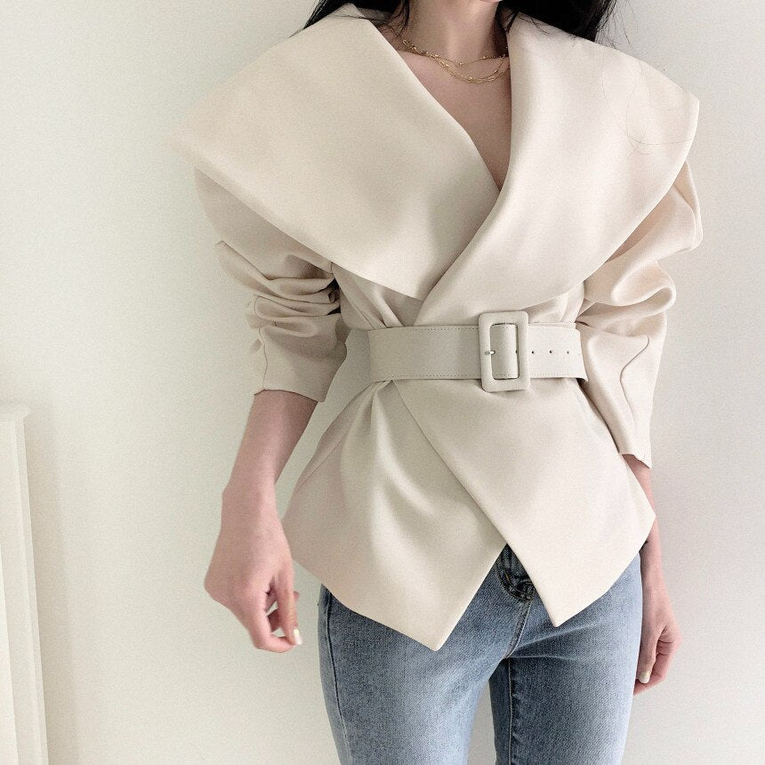 Sixsr Women Spring Autumn Short Blazer Coat with Belt Big Lapel Collar Female Full Sleeve Cardigan Outerwear