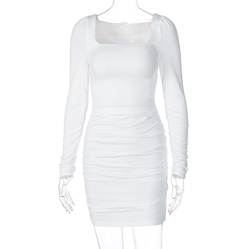 sixsr Hot Sale White Long Sleeve Dress For Women Black Vestido de Mujer Robe Femme Autumn Spring Ruched Elegantes Bodycon Dresses