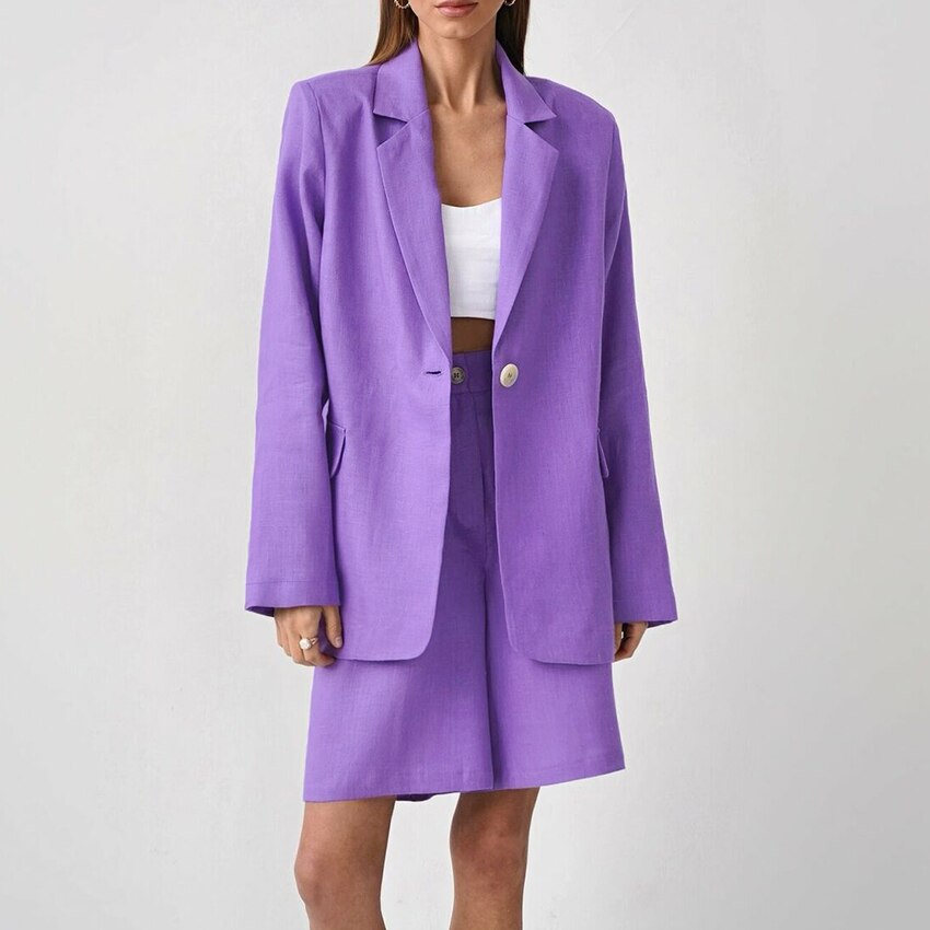 sixsr Fashion Trends Office Cotton Linen Outfit Spring Autumn Notched Loose Long Sleeve Blazer Fashion Lady Women Suits High Waist Shorts Sets