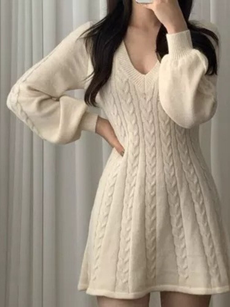 Long Sleeve Elegant Pink Mini Knit Dress Women Autumn Winter Solid Color A-line Puff Sleeve Sweet Short Sweater Dresses