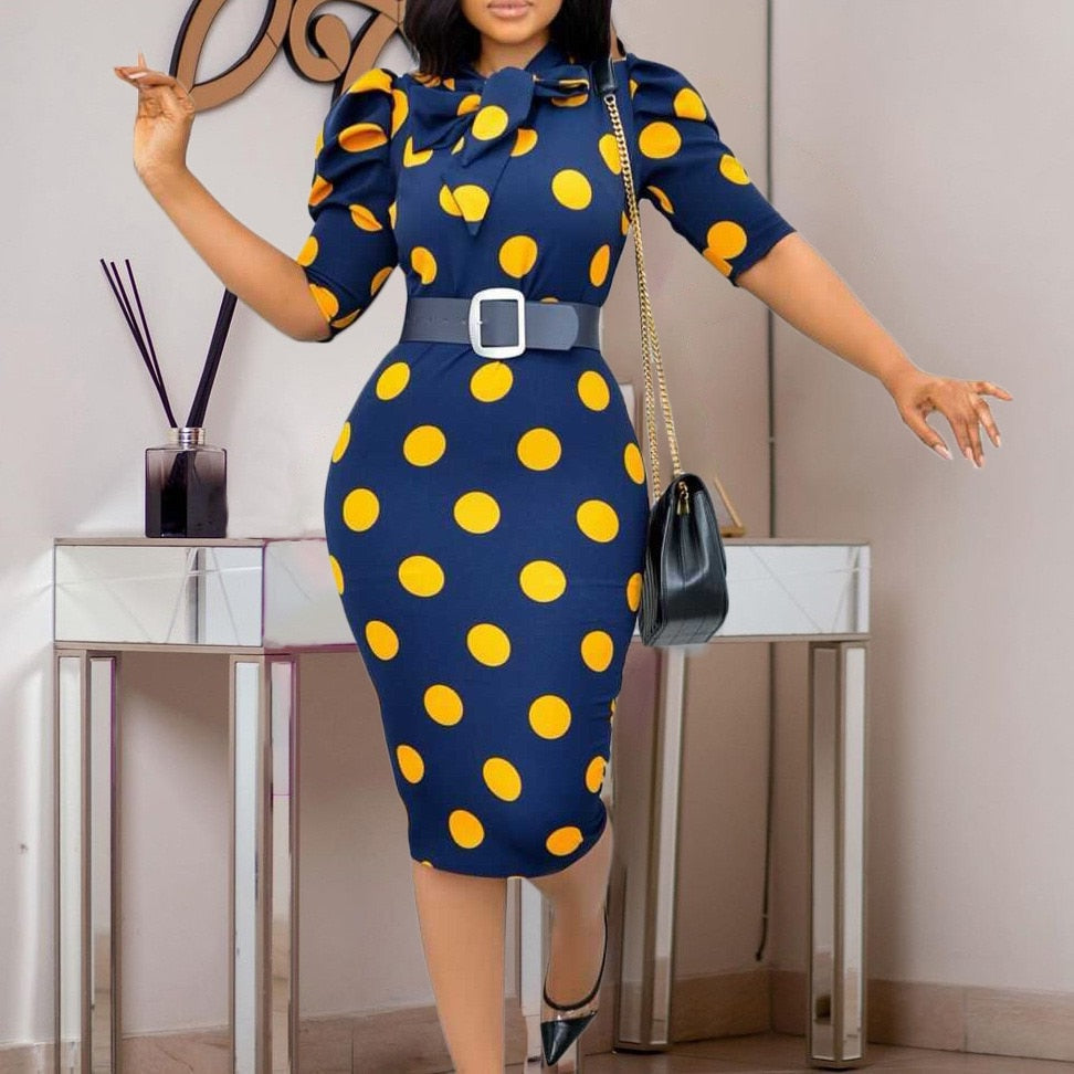 Elegant Office Dresses for Ladies Business Dot Printed High Waisted Short Sleeve Mid Calf Fashion Work Wear Cloth Dress OL