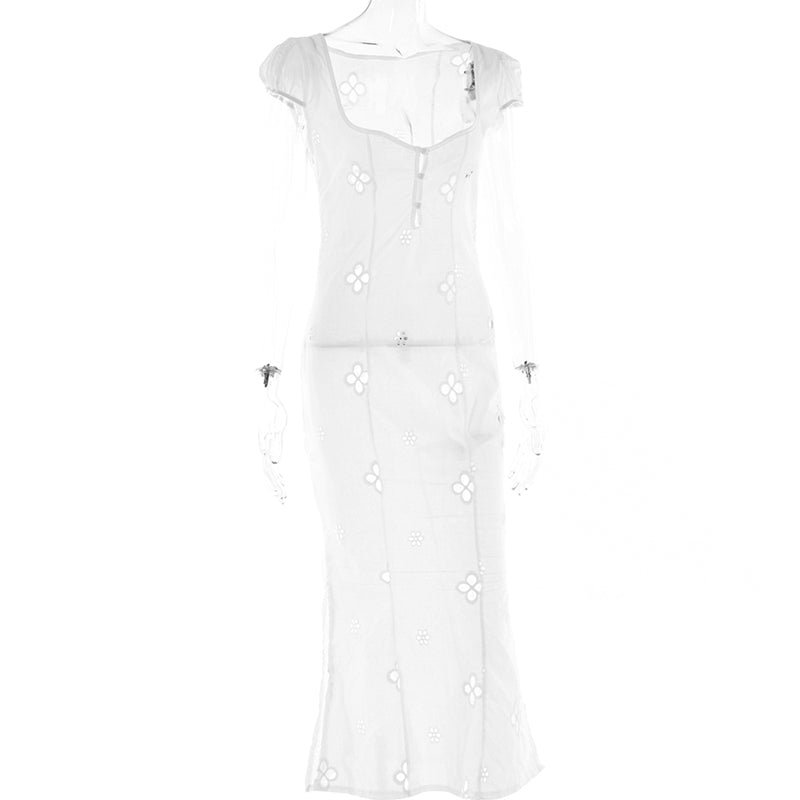 Square Collar Black Mini Dresses Summer Sexy High Waist Short Sleeve Beachwear Bodycon Hollow Out Sundress Female sixsr