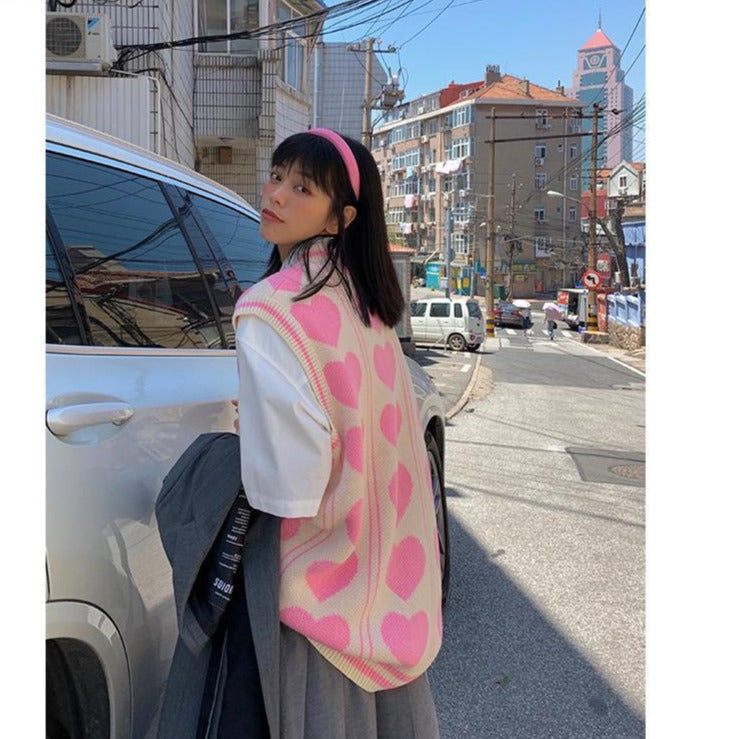 Korean Vintage Sweater Loose V-neck Knit Pullover Vest Y2k Oversized Tank Top Love Print Sweaters Fall Fashion Cardigan