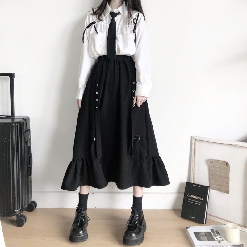 Spring/Autumn Women Skirts High Waist Student Korean Style Dark Vintage Ruffle Long A-line Skirts Women Fashion