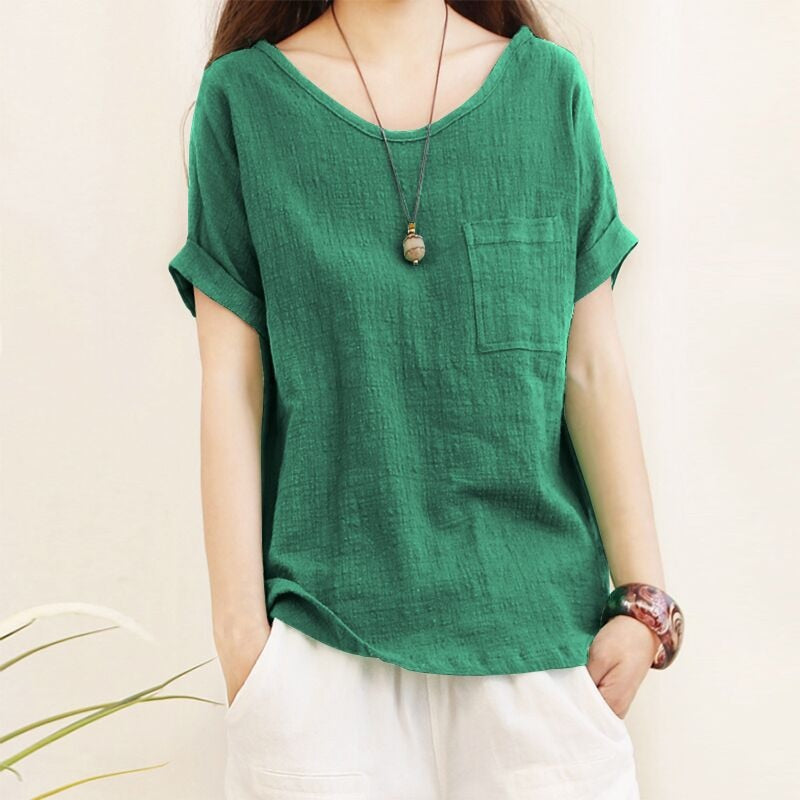 Green Loose Cotton Linen Blouse Oversize 5XL Blouses Women Summer Shirts Casual Short Sleeve O Neck Solid Shirt Lady Tops