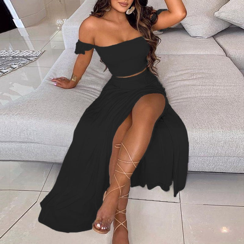 sixsr Off Shoulder Women Two Piece Set Sexy Slash Neck Top and Slit  Summer Long Party Dress Suits Spring Floral Print Skirts Sets