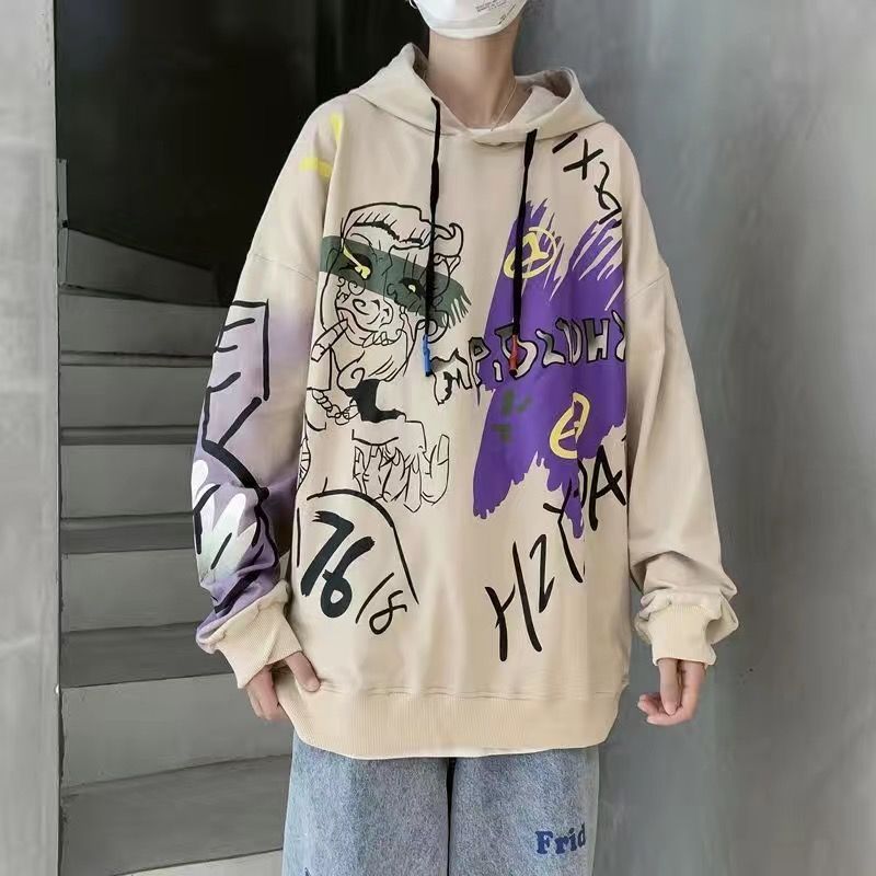Sixsr Autumn and winter Korean style trend plus fleece hooded sweater men graffiti hip-hop all-match loose printed coat couple sweater