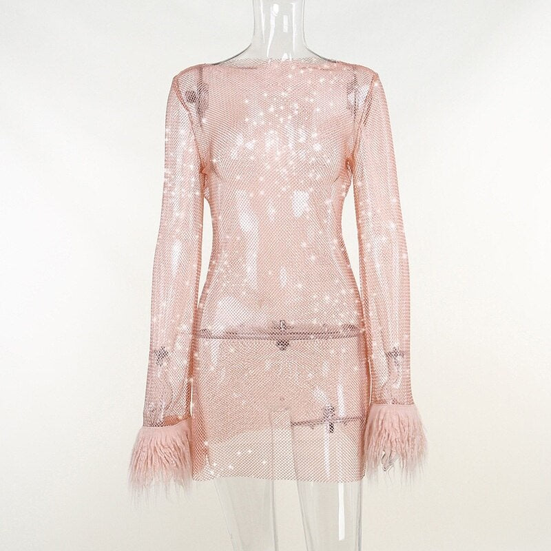 Round Collar See Through Dress Women Sexy Long Sleeve Elegant Female Clubwear Solid Mesh Tassel White Feather Mini Dress