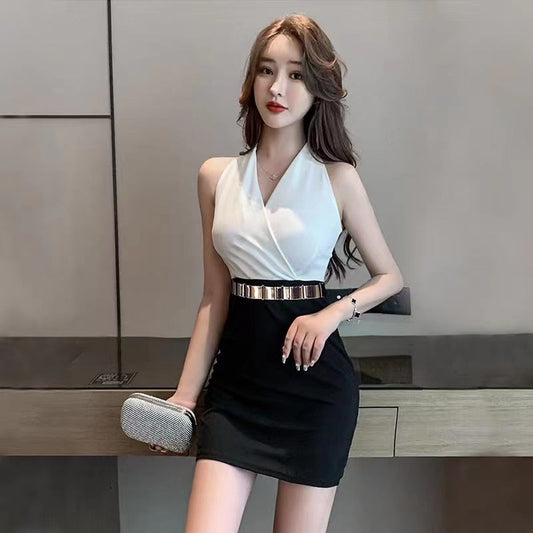 Summer New Women's Fashion Sexy V-Neck Design Tight Sleeveless Short Dress Elegant Slim Office Ladies Contrast Color A-line
