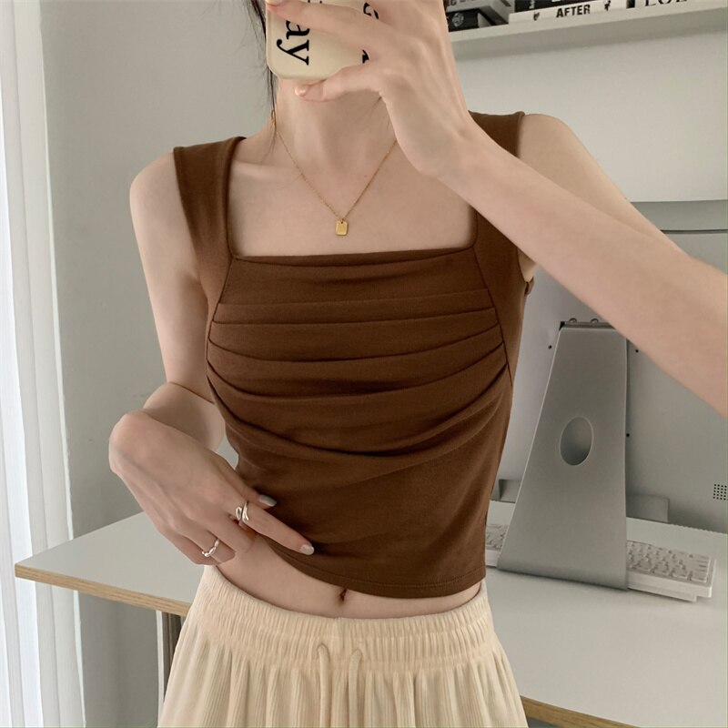 Solid Tank Top for Women Summer New Korean Fashion Sleeveless Square Collar Slim Crop Top Chic Casual Y2k Tanks
