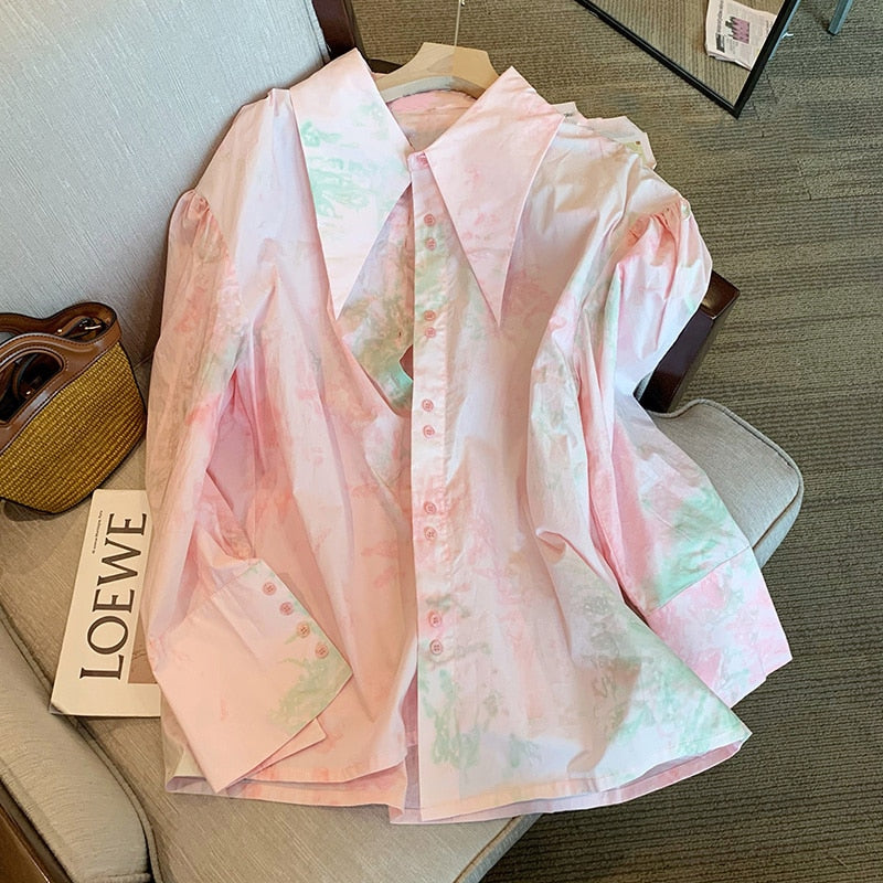 Korean Fashion Tie Dye Loose Long Sleeve Single Breasted Shirt Spring Women's Turn-Down Collar Casual Female Blouse