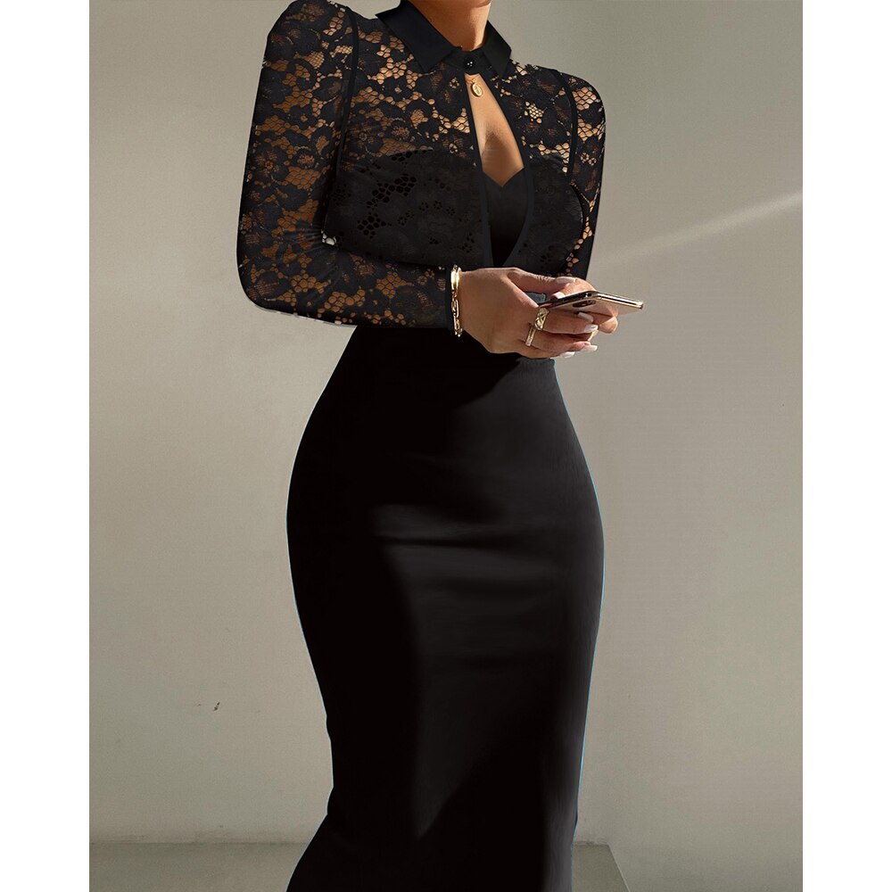 sixsr Women Summer Contrast Lace Long Sleeve Cutout Bodycon Dress Autumn Solid Black Long Sleeve Sexy Party Club Dress