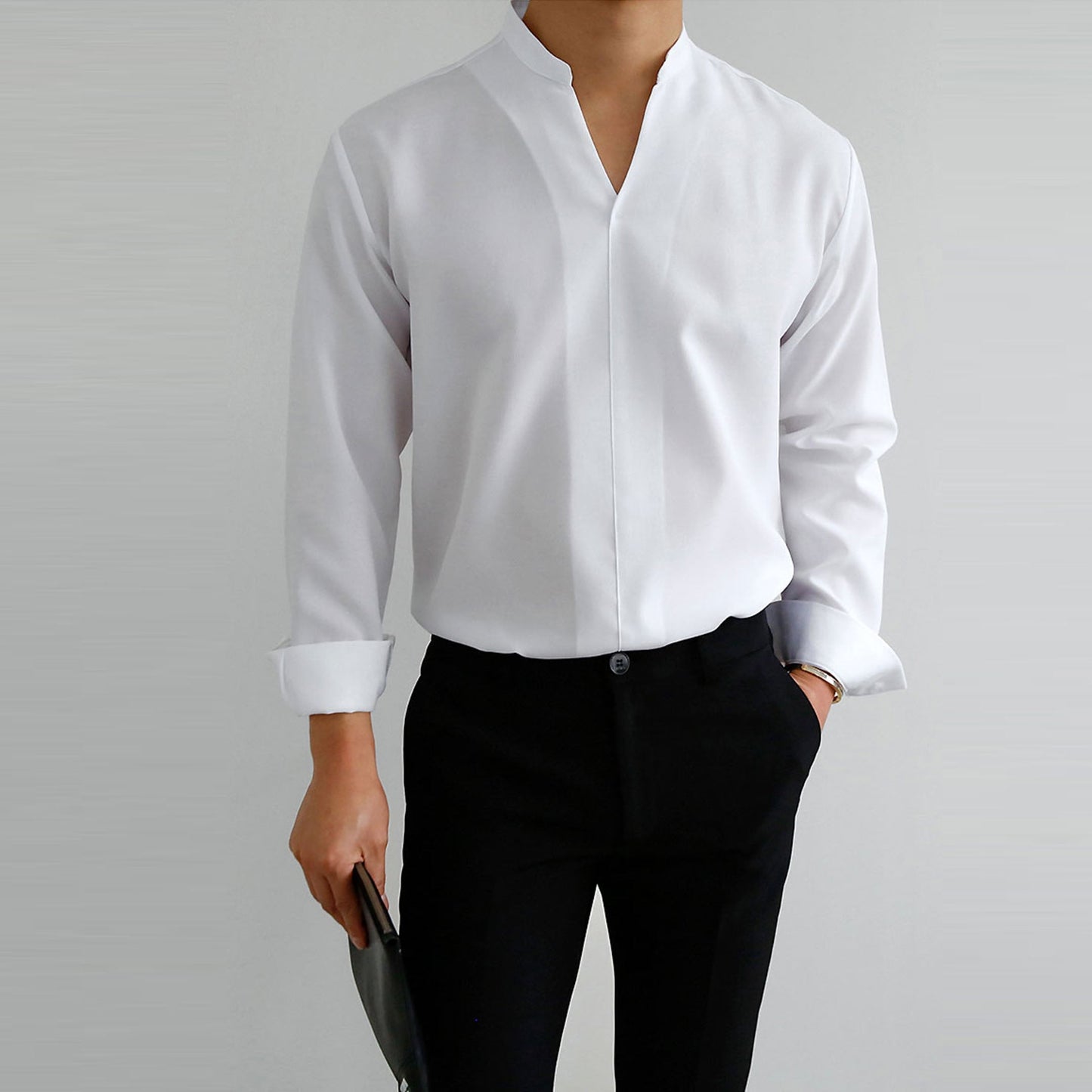 Sixsr New Fashion V-Neck Solid Shirts Men Shirt Smart Casual Clothes Spring Summer Long Sleeve Tees Tops Men Loose Pullover Streetwear