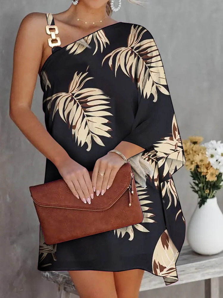 Sexy One-Shoulder Long Sleeve Party Dress Spring Vintage Halter Loose Irregular Dress Elegant Women Print Ruffle Dresses Vestido