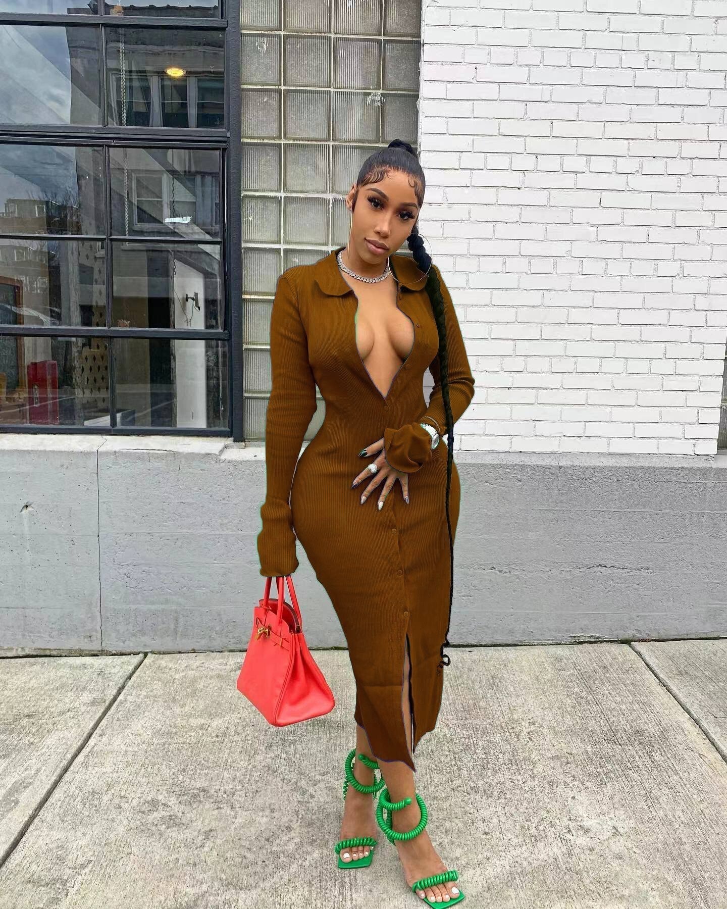 sixsr Womens Fashion Long Sleeve Knitted Button Midi Dress Turn Down Collar Slim Sexy Dresses Autumn Ribbed Robe Women Clothing Vestidos