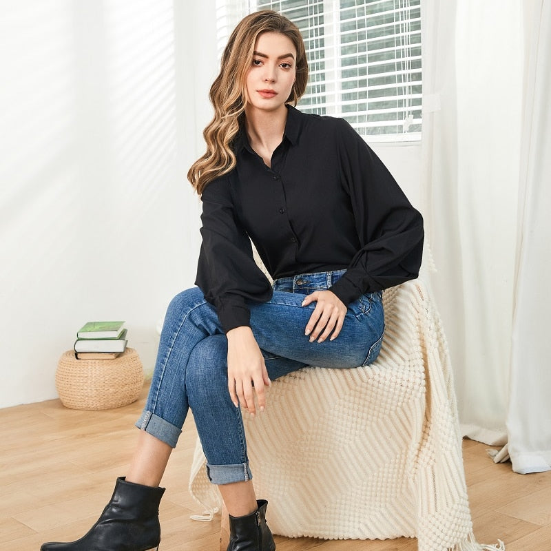 Sixsr Lantern Sleeves Vintage Shirts Women Elegant White Womens Blouse with Lush Sleeves Fashion Button Up Shirt Black