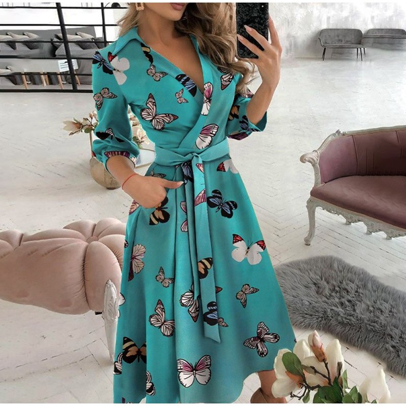 v neck long sleeve spring summer printed dress