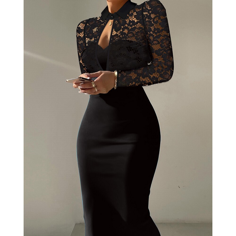 sixsr Women Summer Contrast Lace Long Sleeve Cutout Bodycon Dress Autumn Solid Black Long Sleeve Sexy Party Club Dress