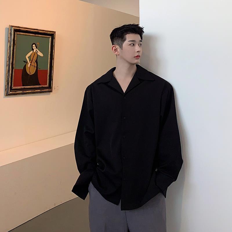Sixsr New Ice Silk Drape Cuban Collar Shirt for Men Solid Color Long Sleeve Korean Fashion Senior Casual Loose Button Up White Shirt