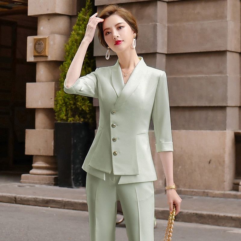 High Quality Casual Women's Suit Pants Two Piece Set New Summer Elegant Ladies White Blazer Jacket Business Attire