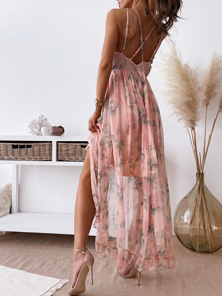 Fashion Women Summer Princess Dress Bohemian Sling Backless Deep V-Neck Floral Printing Ladies Dress Zipper Irregular Dress Streetwear