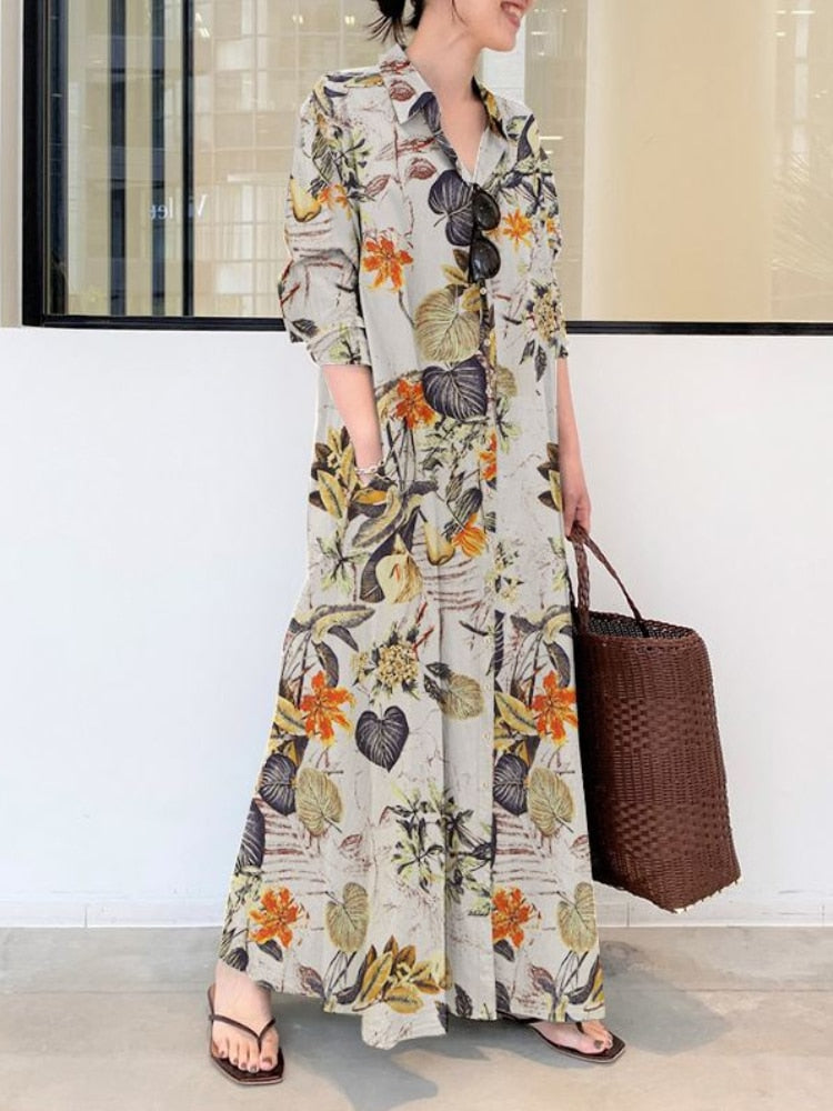 Summer New Dress Fashion Cotton Linen Striped Cardigan Loose Large Casual Temperament Commuter Irregular Women's Long Dress tops