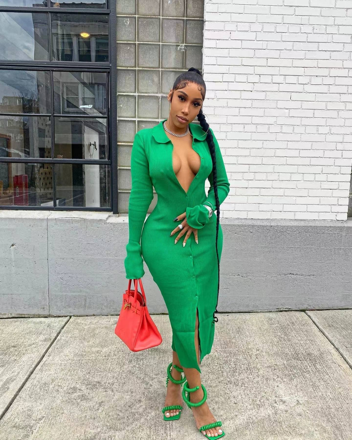 sixsr Womens Fashion Long Sleeve Knitted Button Midi Dress Turn Down Collar Slim Sexy Dresses Autumn Ribbed Robe Women Clothing Vestidos