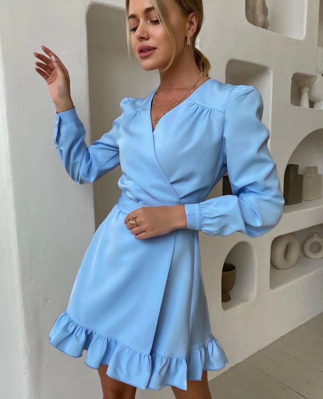 sixsr Casual Ruffle Mini Dress Ladies Elegant Long Sleeve V-Neck Party Dress New Fashion Solid Sweet Spring Dresses Women Clothes