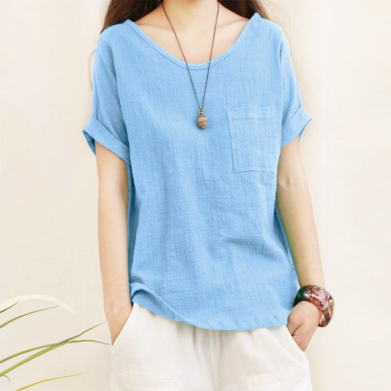 Green Loose Cotton Linen Blouse Oversize 5XL Blouses Women Summer Shirts Casual Short Sleeve O Neck Solid Shirt Lady Tops