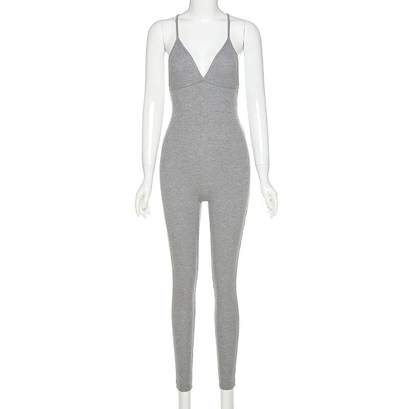 Sixsr v-neck skinny sexy jumpsuit women summer hollow out partywear halter sleeveless streetwear outfit fitness backless