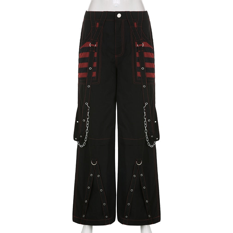 sixsr Fashion Trends Gothic Chain Bandage Wide leg Pants Women Oversize Low Rise Dark Academic Trousers Streetwear 90s Baggy Pant Punk Style