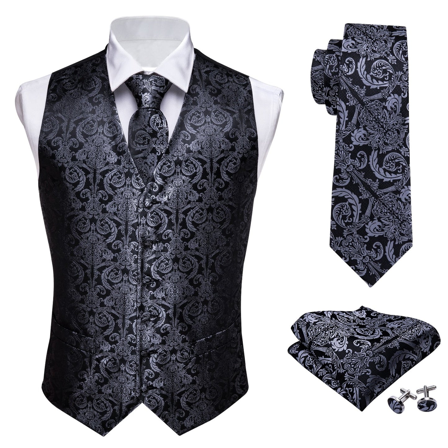 Sixsr 4PC Mens Extra Silk Vest Party Wedding Gold Paisley Solid Floral Waistcoat Vest Pocket Square Tie Suit Set Barry.Wang BM-2017