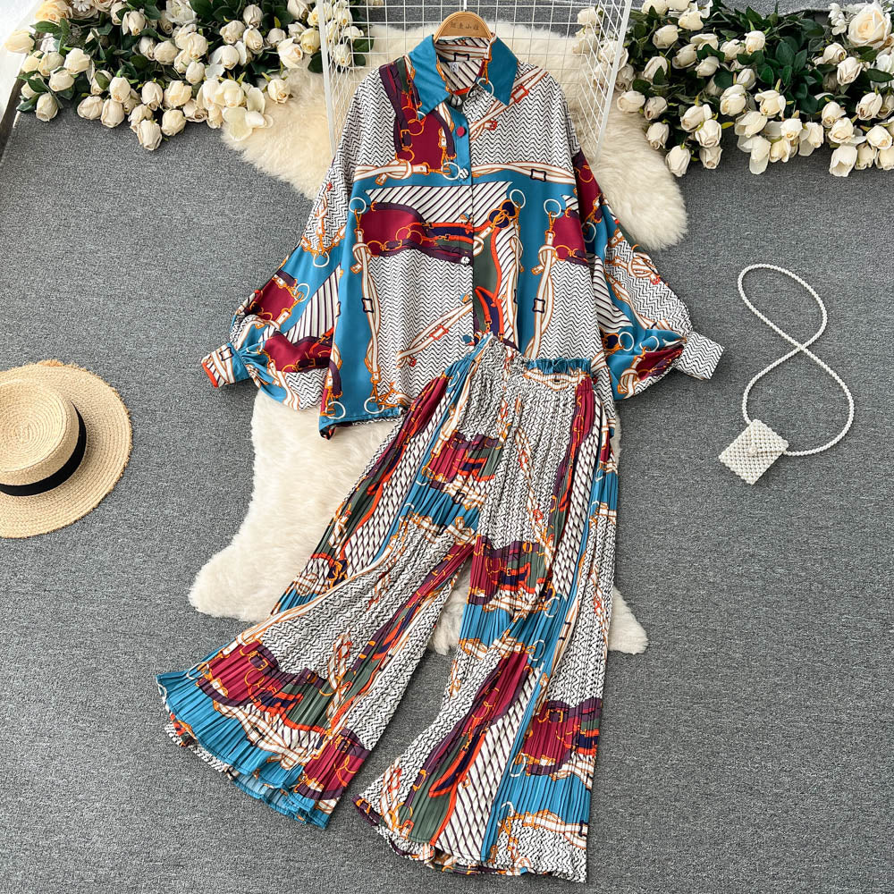 sixsr Women's Dress Spring Retro Print Casual Set Design Batwing Sleeve Single Breasted Blouse+High Waist Long Pants Two Piece Suits