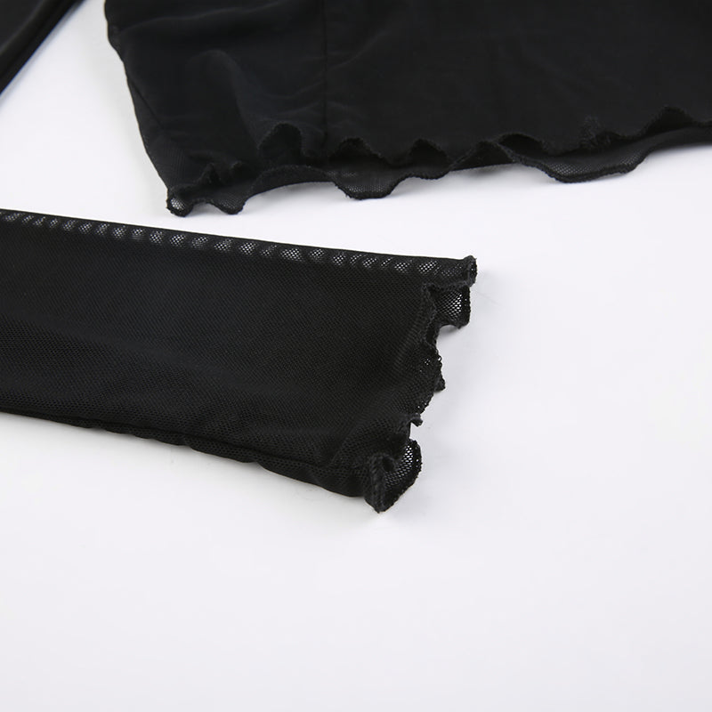 sixsr Hot Sell Slash Neck Sexy Black Mesh T-Shirts Women Lace Patchwork Rave Goth Clubwear Backless Halter Tie Up Spaghetti Strap Tops
