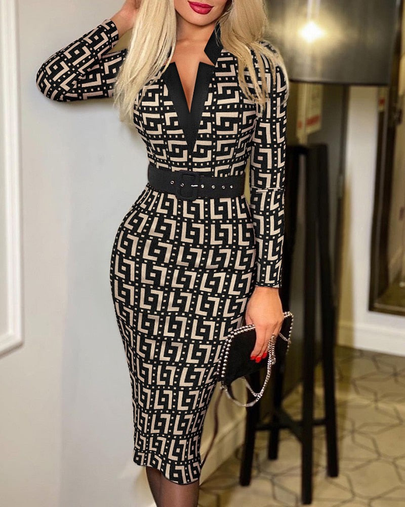 Sixsr Spring Outfits  Trends Office Lady Long Sleeve V-neck Maxi Dress Spring Autumn Vintage Print Slim High Waist Belted Vestidos De Mujer Elegant Dresses